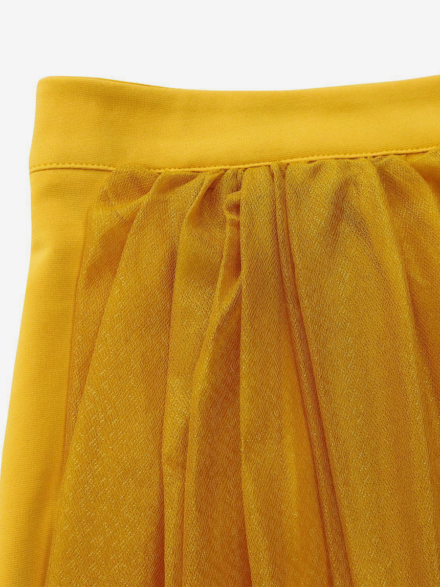 Two Piece Sets Yellow Casual Pleated Street Wear Polyester Jewel Neck Asymmetrical Short Sleeves Skirt Set