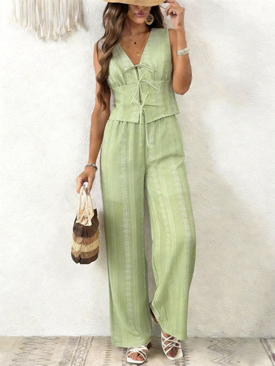 Two Piece Sets Pant Set White Printed Street Wear Polyester V-Neck Sleeveless Casual Pant Set