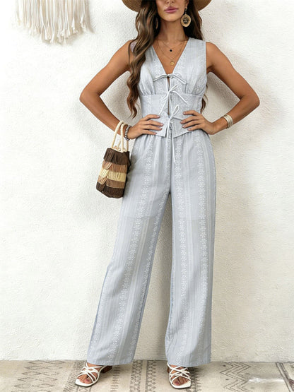 Two Piece Sets Pant Set White Printed Street Wear Polyester V-Neck Sleeveless Casual Pant Set