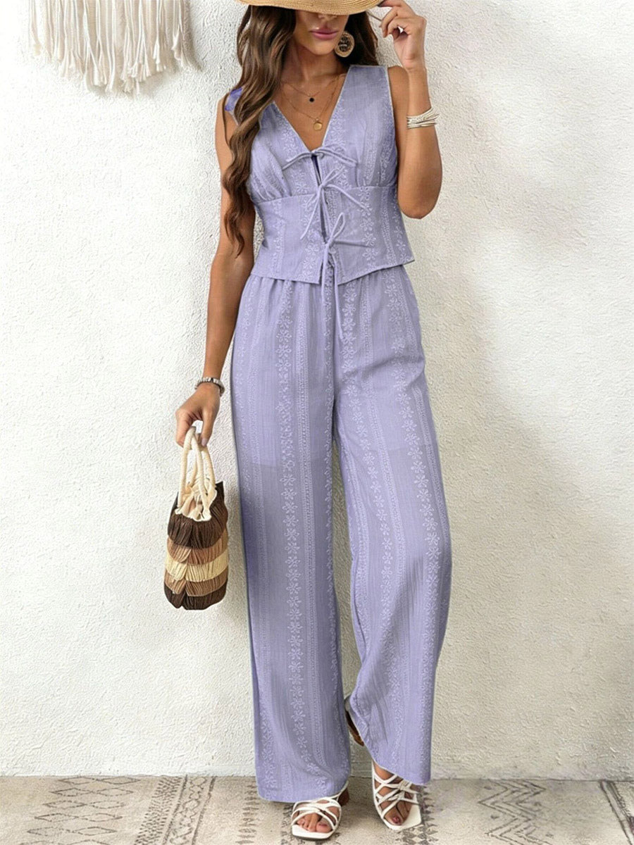 Two Piece Sets Pant Set White Printed Street Wear Polyester V-Neck Sleeveless Casual Pant Set