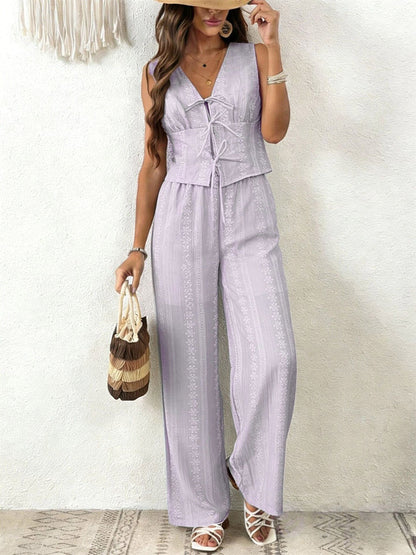 Two Piece Sets Pant Set White Printed Street Wear Polyester V-Neck Sleeveless Casual Pant Set