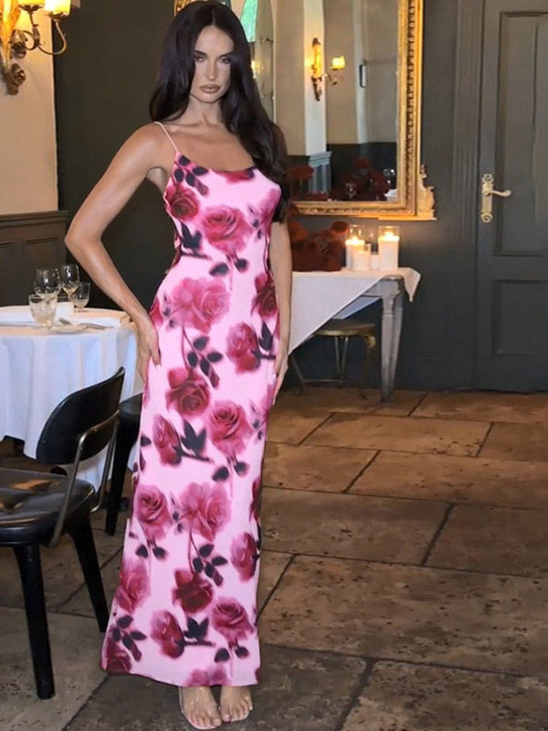 Party Dress Maxi Pink Straps Neck Sleeveless Printed Clothes Casual Semi Formal Dress