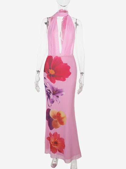 Vacation Dresses Maxi Lace Up Sleeveless Printed V-Neck Chic Pink A-line Dress