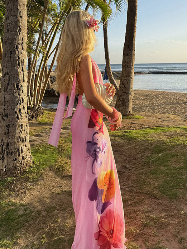 Vacation Dresses Maxi Lace Up Sleeveless Printed V-Neck Chic Pink A-line Dress