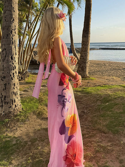Vacation Dresses Maxi Lace Up Sleeveless Printed V-Neck Chic Pink A-line Dress