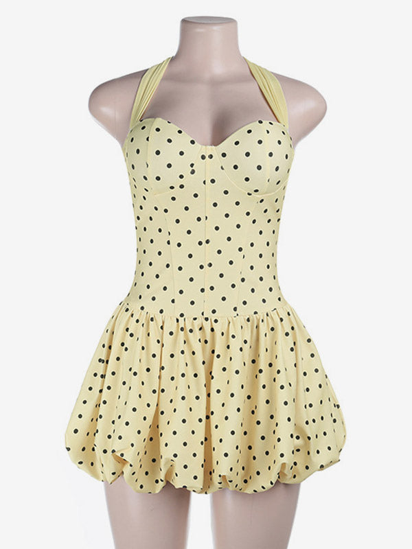 Date Night Dresses Mini Lace Up Sleeveless Halter Chic Yellow Dress