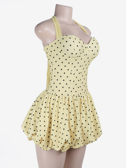Date Night Dresses Mini Lace Up Sleeveless Halter Chic Yellow Dress