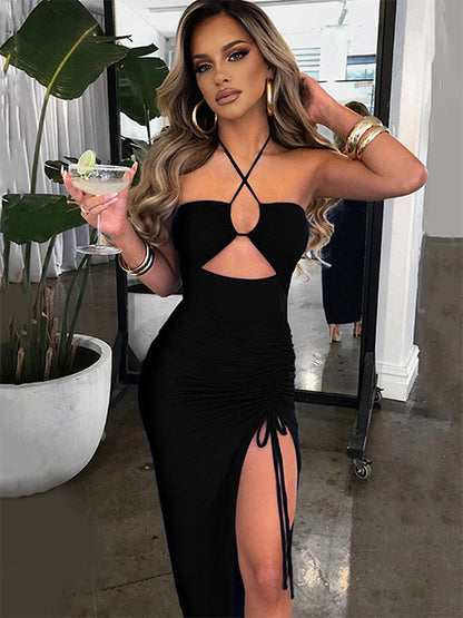Night Out Dresses Deep Brown Polyester Sleeveless Halter Backless Summer Dress