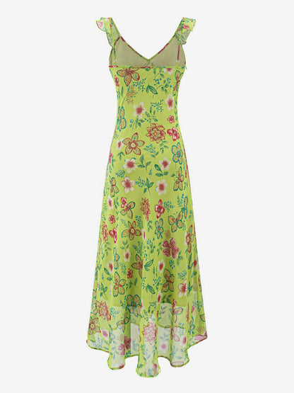 Daily Dresses For Women Red Shaping Flowers Sleeveless V-Neck Raised Waist Printed Dress
