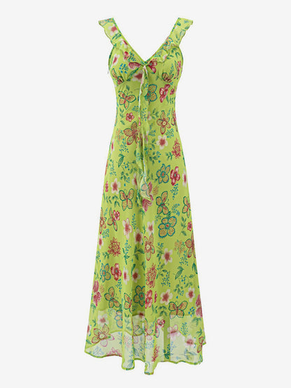 Daily Dresses For Women Red Shaping Flowers Sleeveless V-Neck Raised Waist Printed Dress