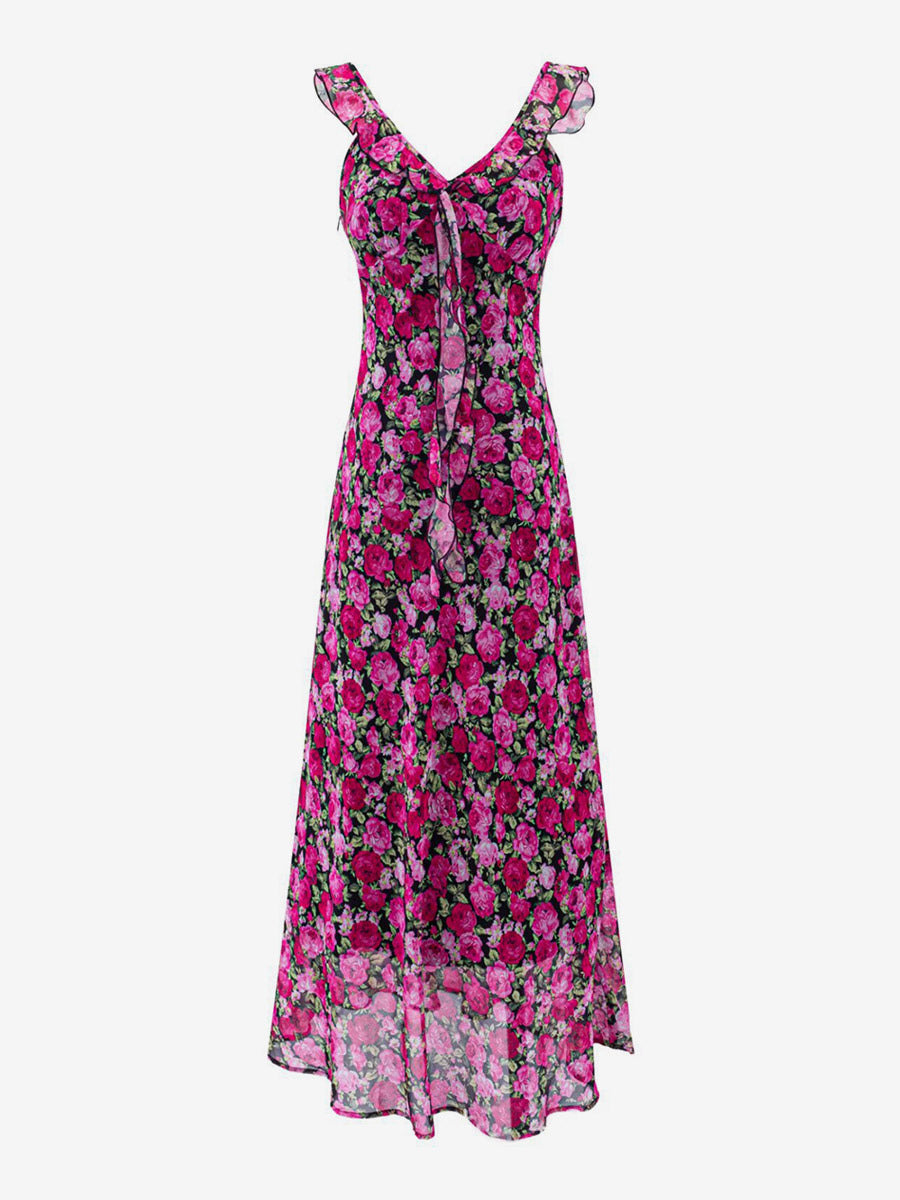 Daily Dresses For Women Red Shaping Flowers Sleeveless V-Neck Raised Waist Printed Dress