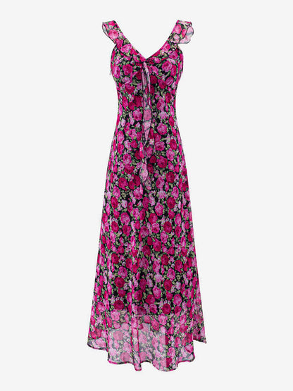 Daily Dresses For Women Red Shaping Flowers Sleeveless V-Neck Raised Waist Printed Dress