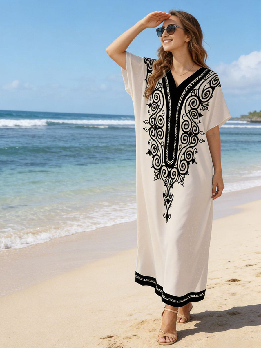 Vacation Dresses Oversized Short Sleeves Printed V-Neck Casual White Dress
