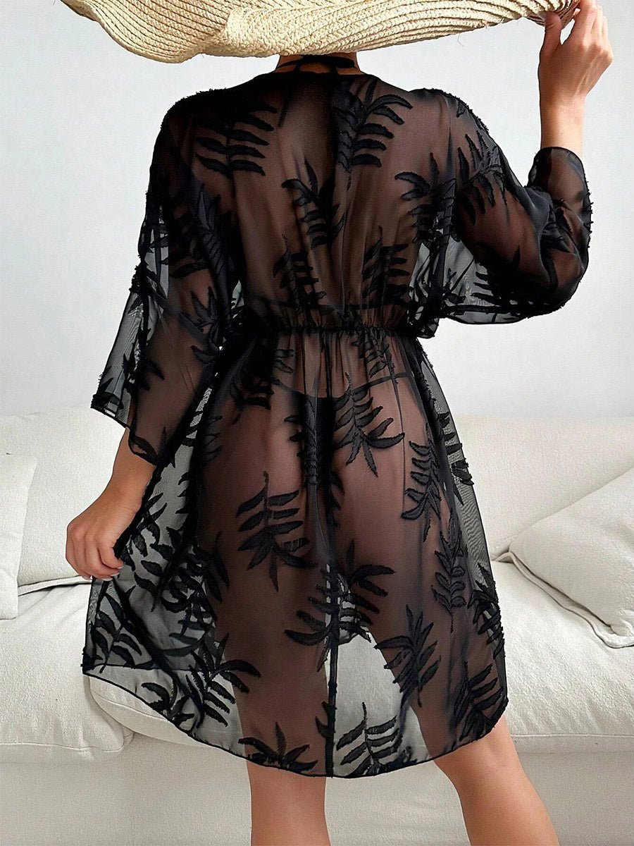 Vacation Dresses Sheer Shaping 3/4 Length Sleeves V-Neck Chic Black Dress