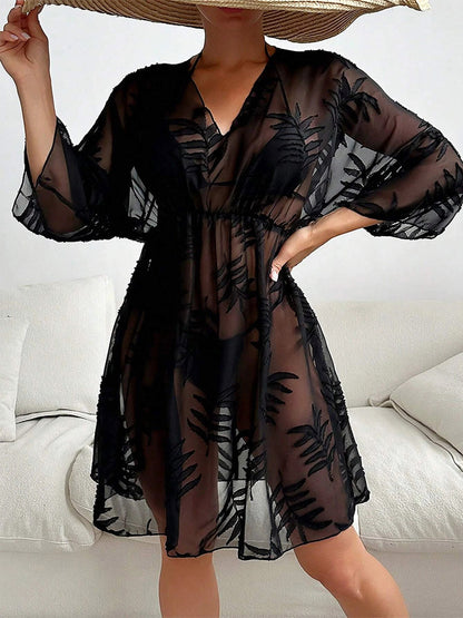 Vacation Dresses Sheer Shaping 3/4 Length Sleeves V-Neck Chic Black Dress