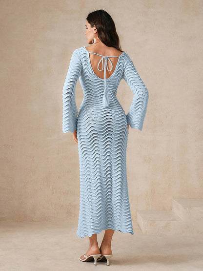 Vacation Dresses Shaping Cut Out Long Sleeves Scoop Neck Flared Sleeves Sexy Apricot Dress