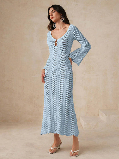 Vacation Dresses Shaping Cut Out Long Sleeves Scoop Neck Flared Sleeves Sexy Apricot Dress