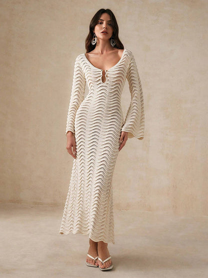 Vacation Dresses Shaping Cut Out Long Sleeves Scoop Neck Flared Sleeves Sexy Apricot Dress