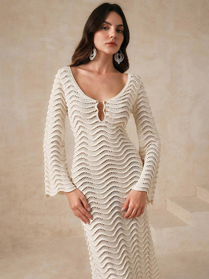 Vacation Dresses Shaping Cut Out Long Sleeves Scoop Neck Flared Sleeves Sexy Apricot Dress