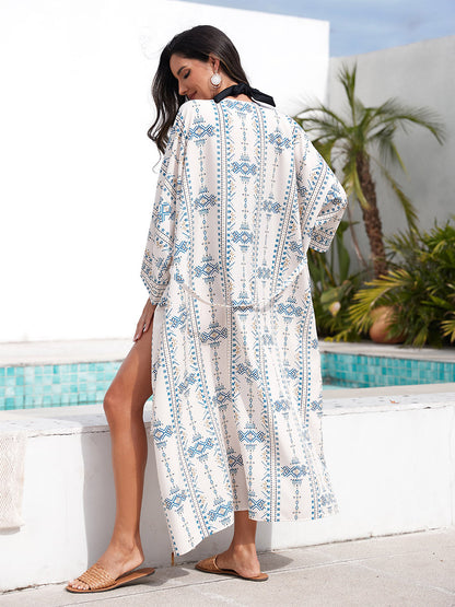 Vacation Dresses Ruffled Sash Long Sleeves Printed Casual Light Sky Blue Dress