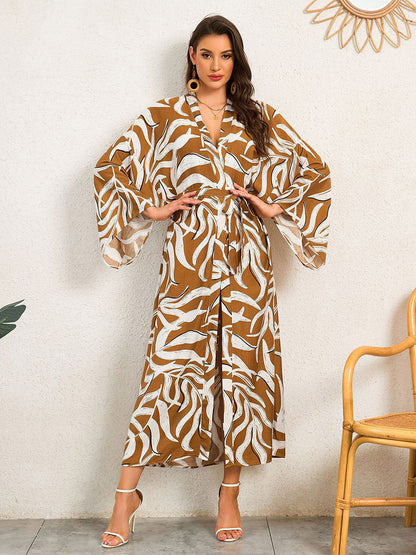 Vacation Dresses Oversized Long Sleeves Printed Casual Rose Dress