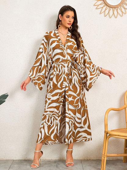 Vacation Dresses Oversized Long Sleeves Printed Casual Rose Dress