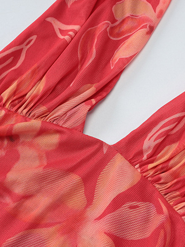 Vacation Dresses Maxi Sleeveless Floral Print Halter Casual Red Summer Dress