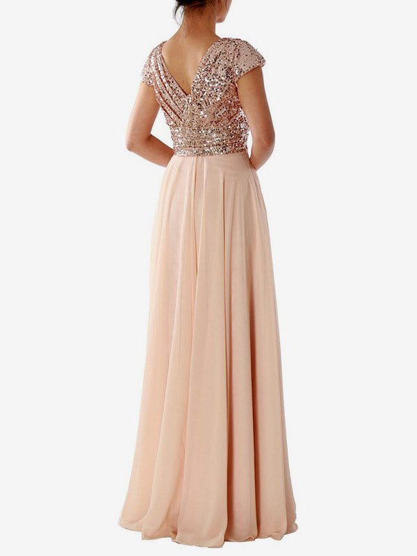 Party Dress Ecru White V-Neck Sequins Short Sleeves Shaping Cap Sleeves Chic Semi Formal Dress
