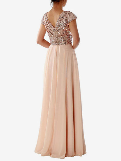 Party Dress Ecru White V-Neck Sequins Short Sleeves Shaping Cap Sleeves Chic Semi Formal Dress