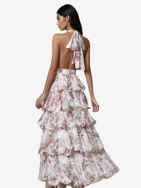Date Night Dresses Layered Backless Tiered Sleeveless Printed V-Neck Elegant Red Dress