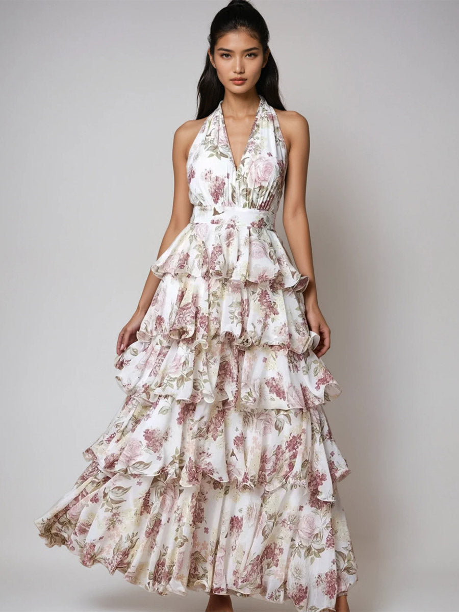 Date Night Dresses Layered Backless Tiered Sleeveless Printed V-Neck Elegant Red Dress