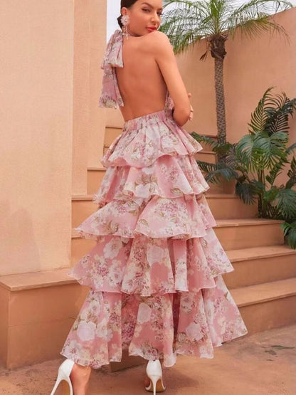 Date Night Dresses Layered Backless Tiered Sleeveless Printed V-Neck Elegant Red Dress
