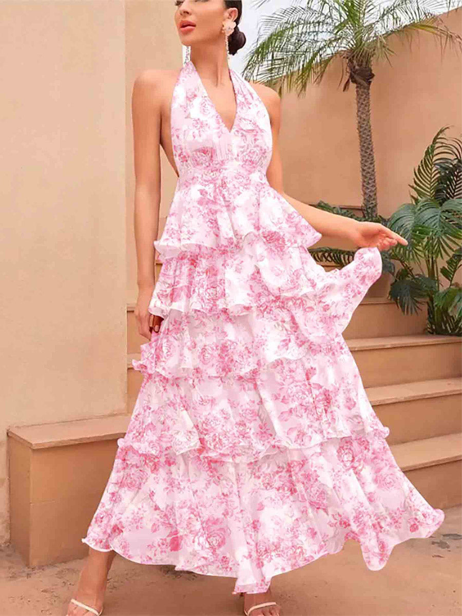 Date Night Dresses Layered Backless Tiered Sleeveless Printed V-Neck Elegant Red Dress