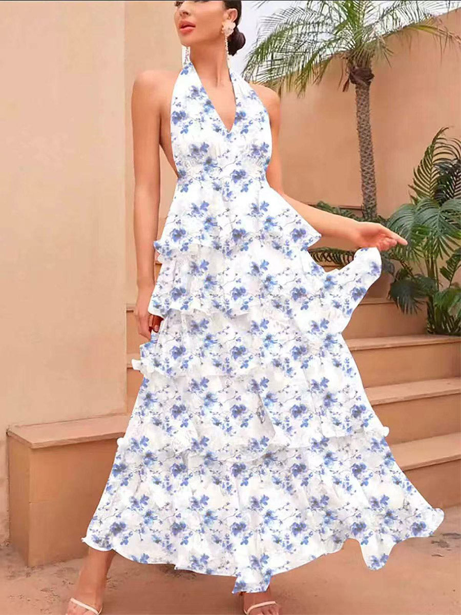 Date Night Dresses Layered Backless Tiered Sleeveless Printed V-Neck Elegant Red Dress