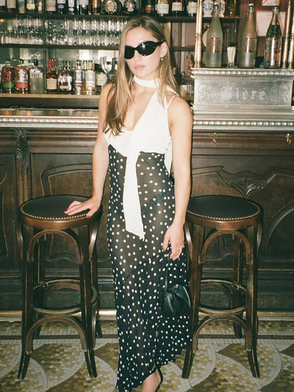 Vacation Dresses Maxi Sleeveless Polka Dot V-Neck Sexy Black Dress