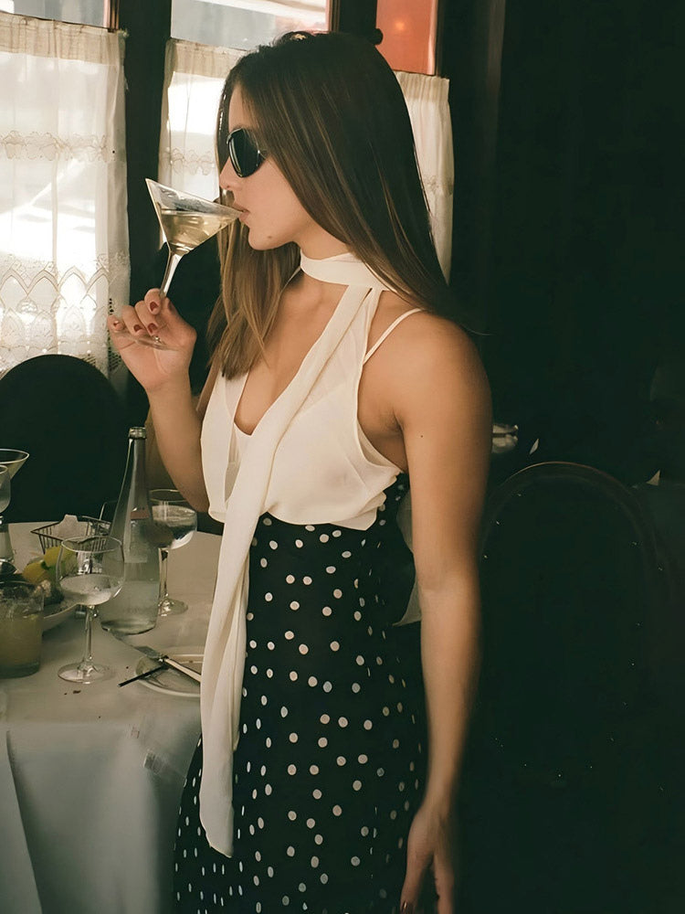 Vacation Dresses Maxi Sleeveless Polka Dot V-Neck Sexy Black Dress