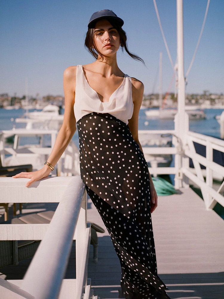 Vacation Dresses Maxi Sleeveless Polka Dot V-Neck Sexy Black Dress