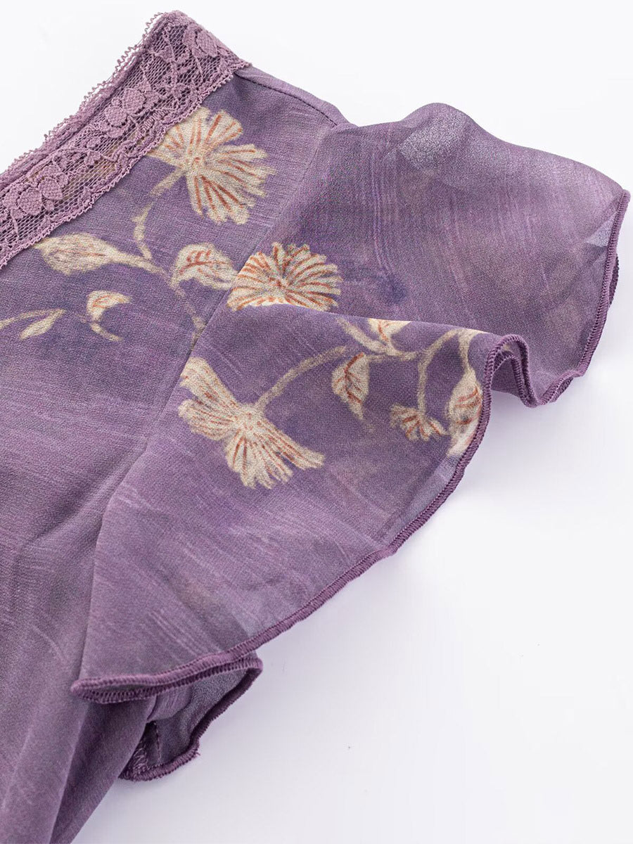 Daily Dresses For Woman Purple Shaping Flowers V-Neck Raised Waist Cap Sleeves Dress