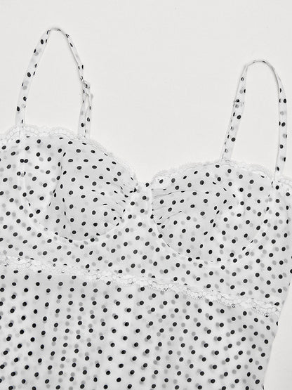 Daily Dresses Woman's Midi Dress Black Polyester Sleeveless Straps Neck Polka Dot Dress