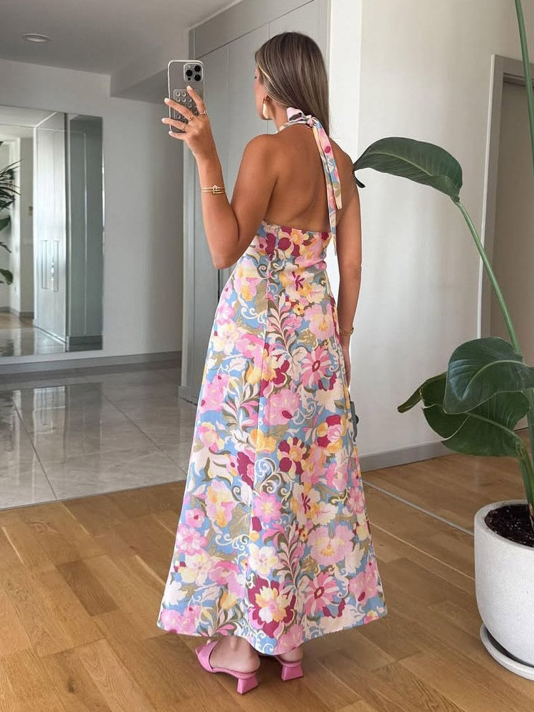 Vacation Dresses Shaping Backless Lace Sleeveless Printed Straps Neck Elegant Pink Dress