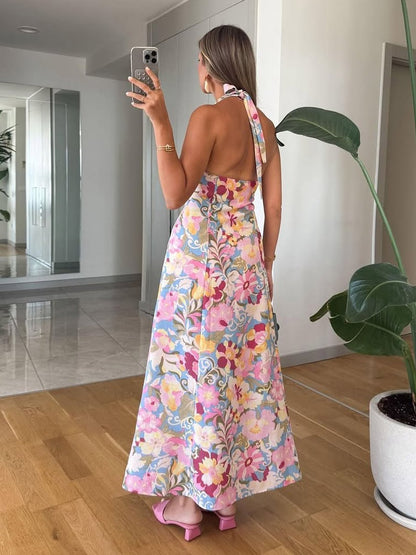 Vacation Dresses Shaping Backless Lace Sleeveless Printed Straps Neck Elegant Pink Dress