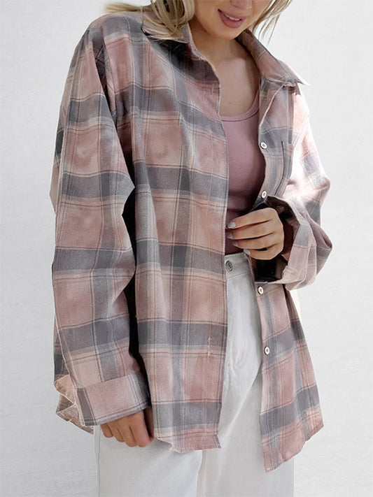 Women Jacket Turndown Collar Plaid Casual Long Sleeve Cardigans
