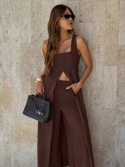 Two Piece Sets Brown Sleeveless Casual Vest Pant Set