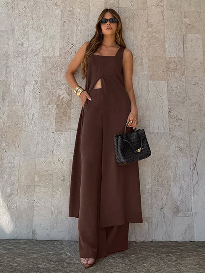 Two Piece Sets Brown Sleeveless Casual Vest Pant Set