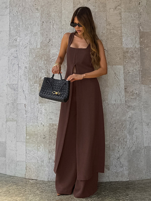 Two Piece Sets Brown Sleeveless Casual Vest Pant Set