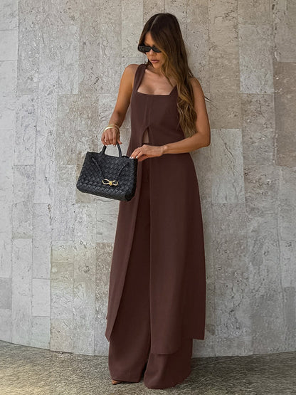 Two Piece Sets Brown Sleeveless Casual Vest Pant Set