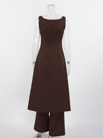 Two Piece Sets Brown Sleeveless Casual Vest Pant Set