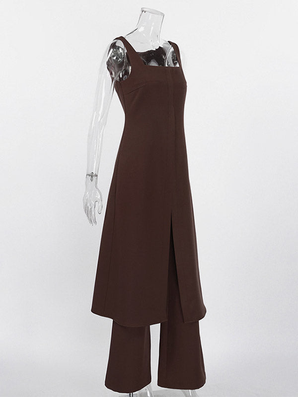 Two Piece Sets Brown Sleeveless Casual Vest Pant Set