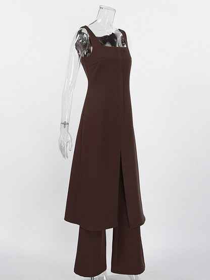 Two Piece Sets Brown Sleeveless Casual Vest Pant Set