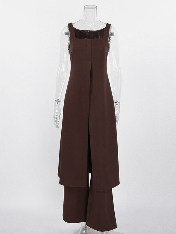 Two Piece Sets Brown Sleeveless Casual Vest Pant Set